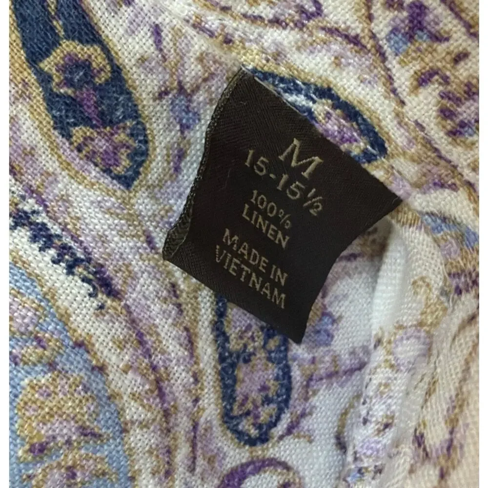 Tasso Elba Medium Button Down Paisley Purple Long Sleeve Shirt 100% Linen - Picture 6 of 9